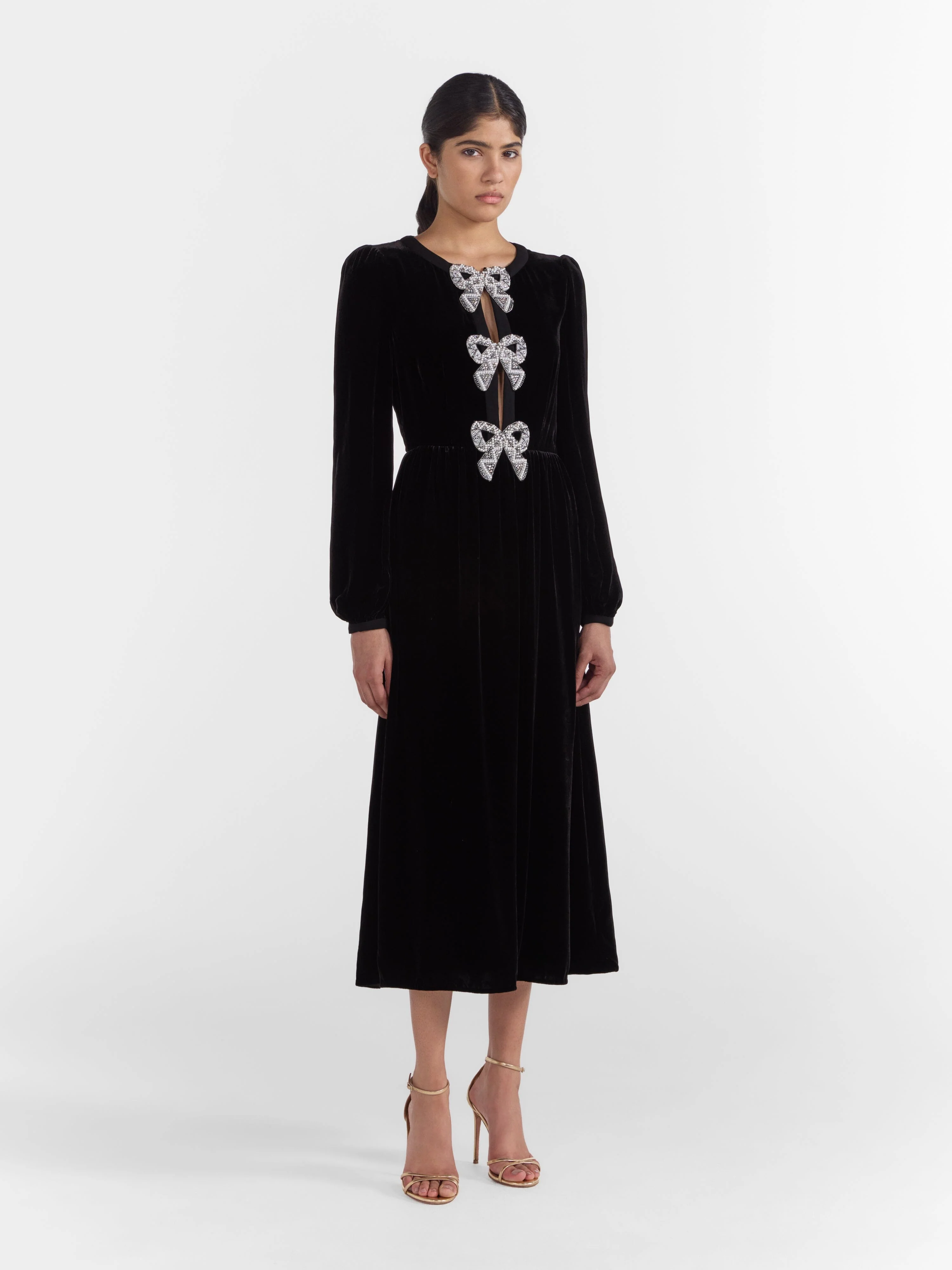 Camille Velvet Embellished Bows Dress in Black - Image 3