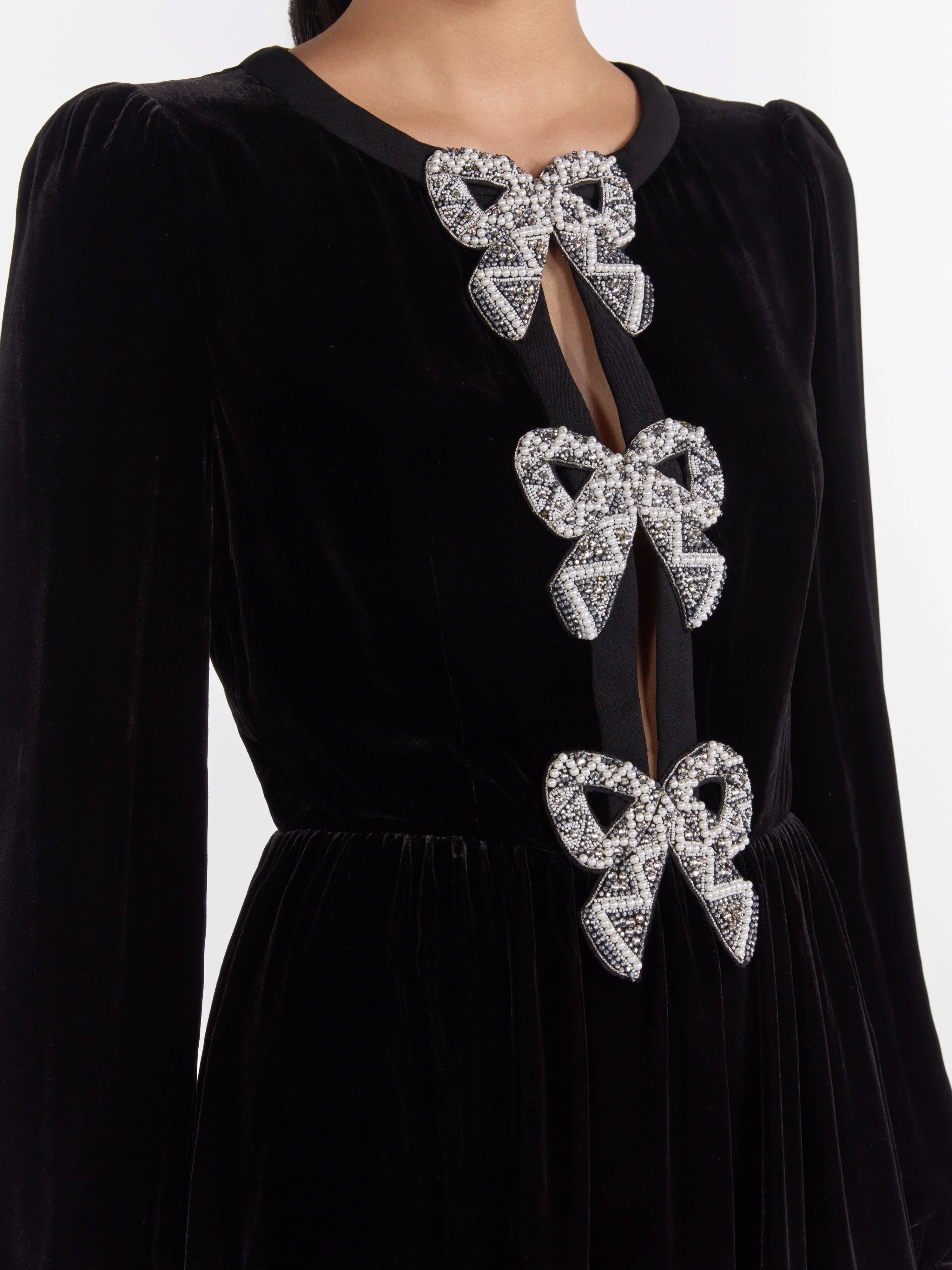 Camille Velvet Embellished Bows Dress in Black - Image 6