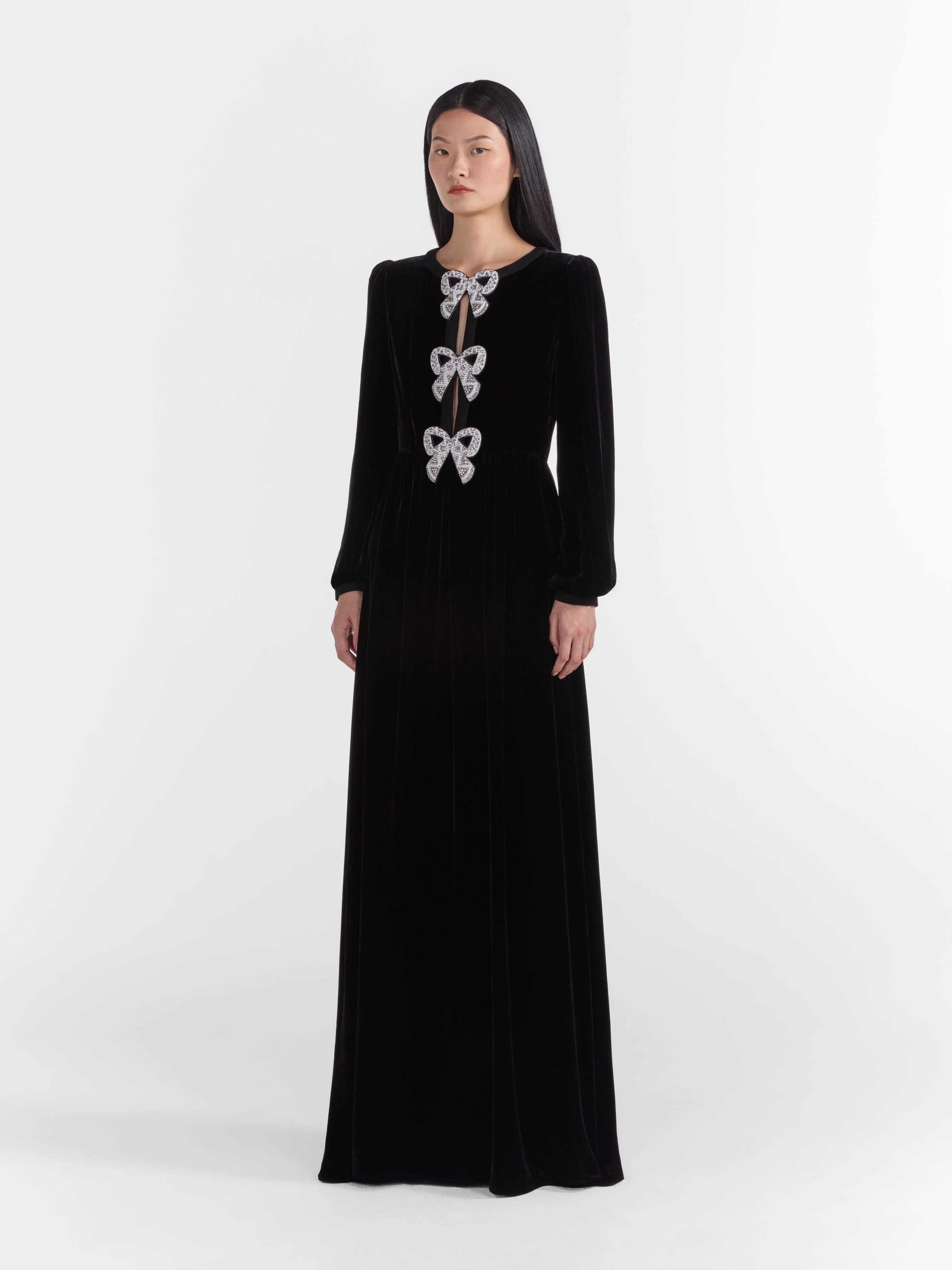Camille Velvet Embellished Bows Long Dress in Black - Image 3