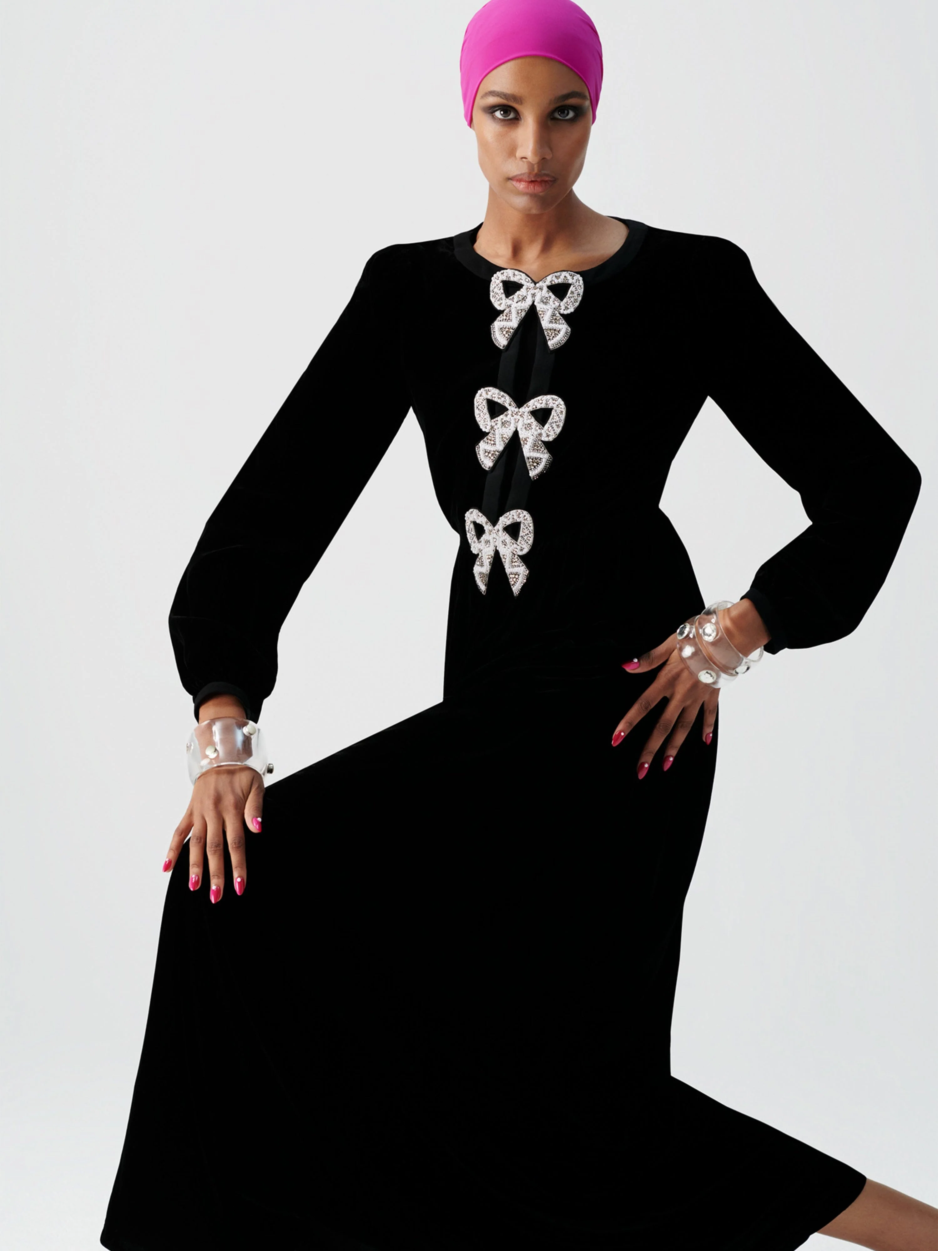 Camille Velvet Embellished Bows Long Dress in Black - Image 6