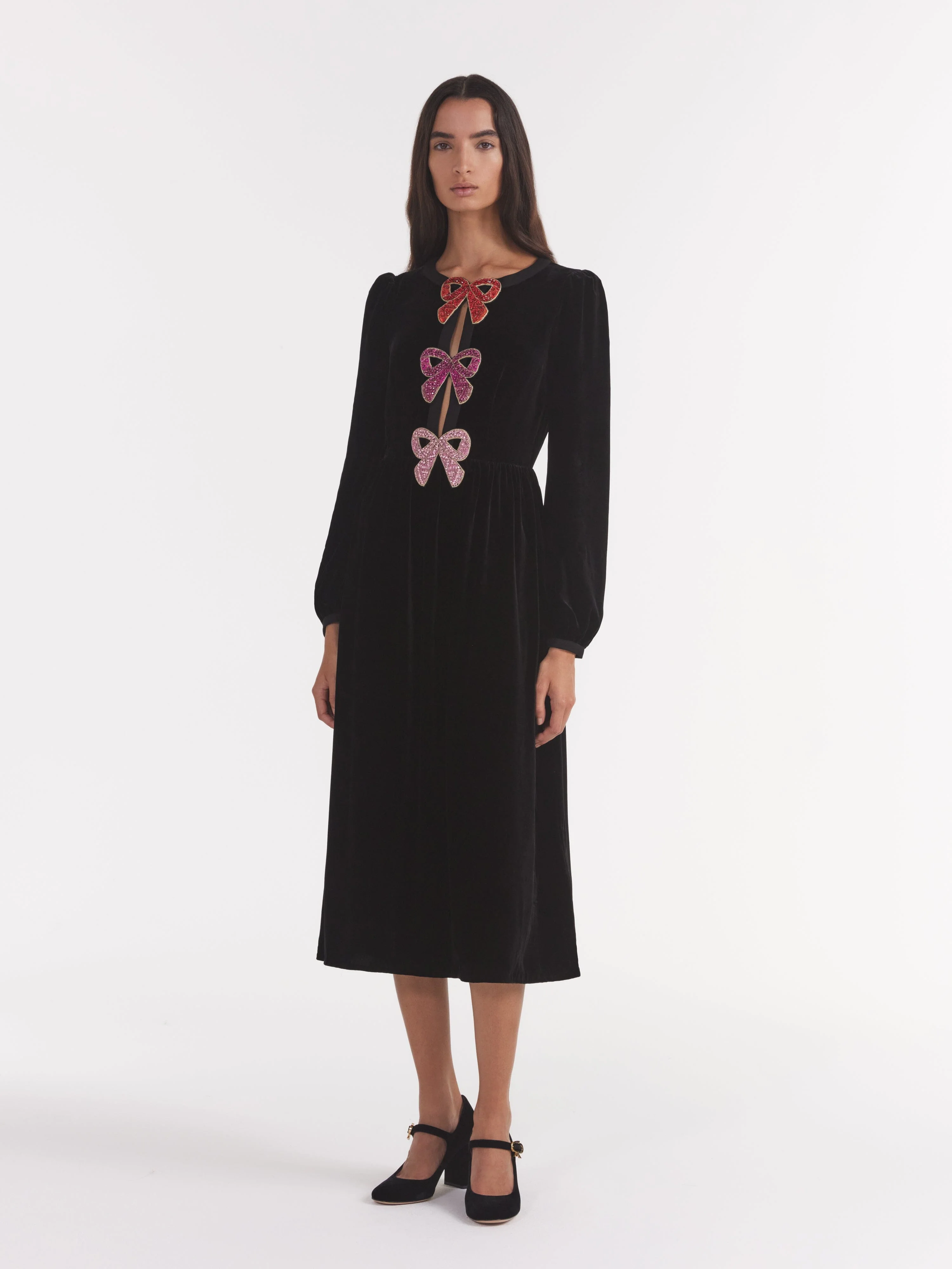 Camille Velvet Pink Bows Dress in Black - Image 3