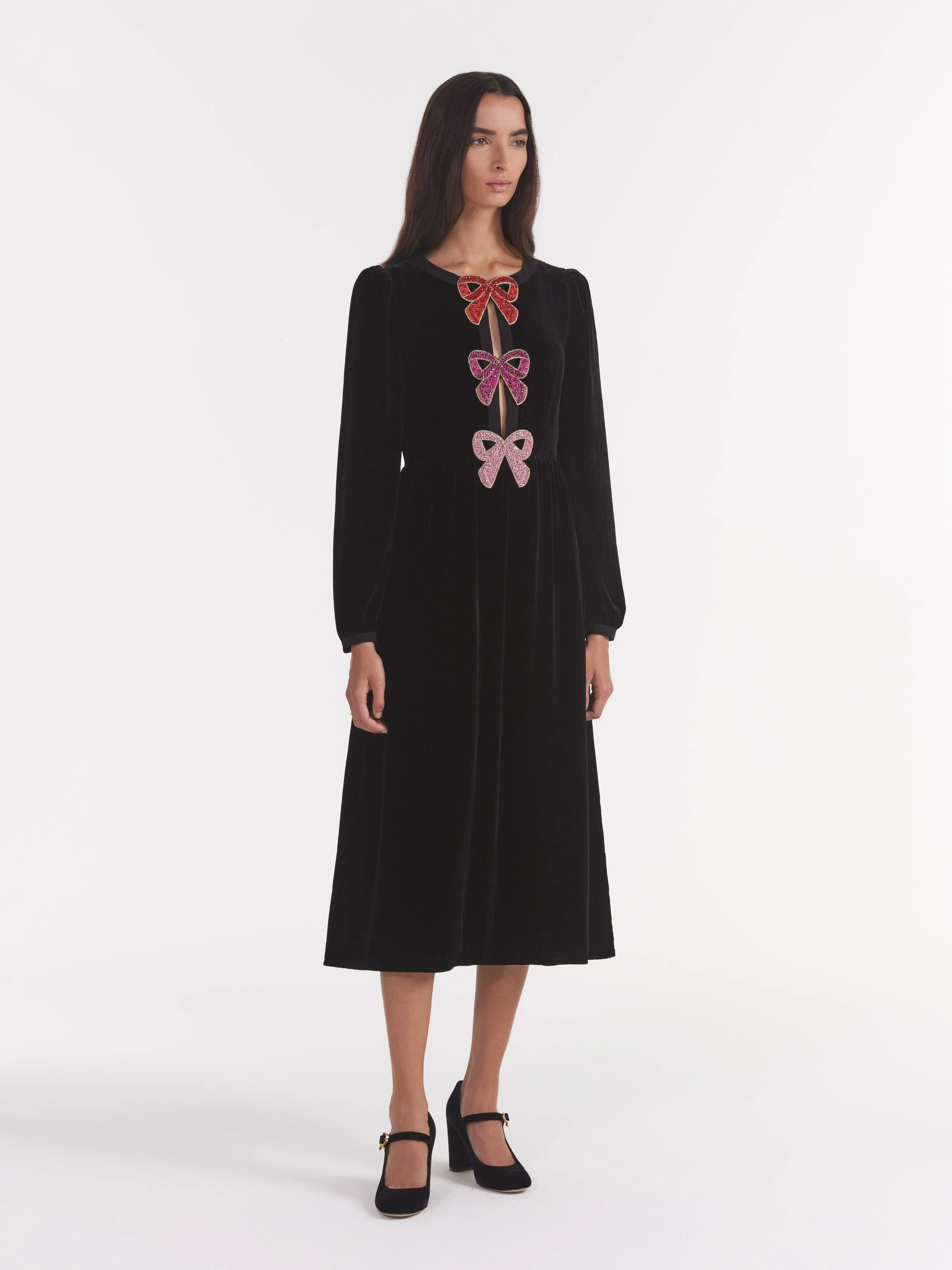 Camille Velvet Pink Bows Dress in Black - Image 4