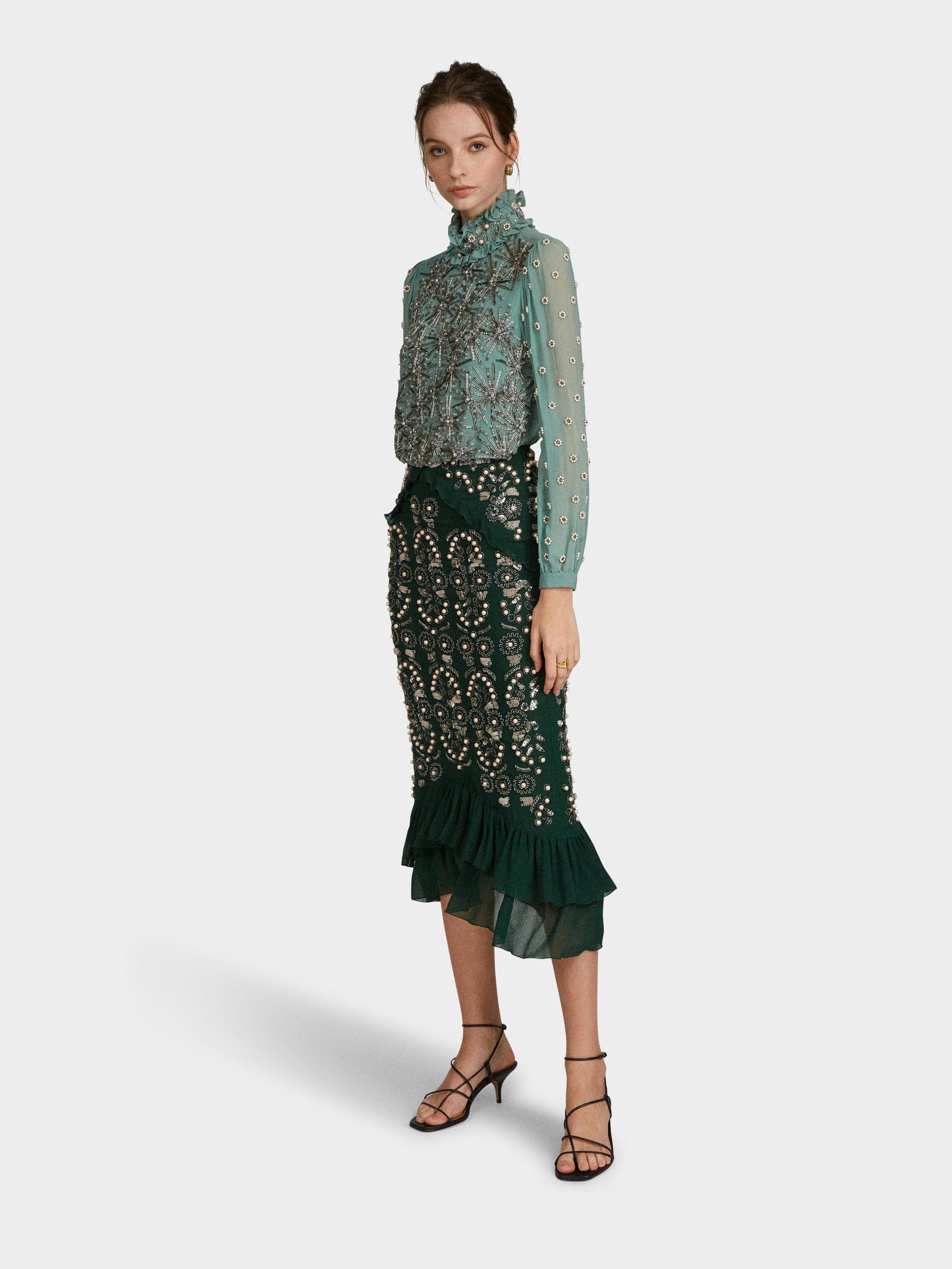 Isa Silk B Dress in Jade Green Embroidered - Image 3