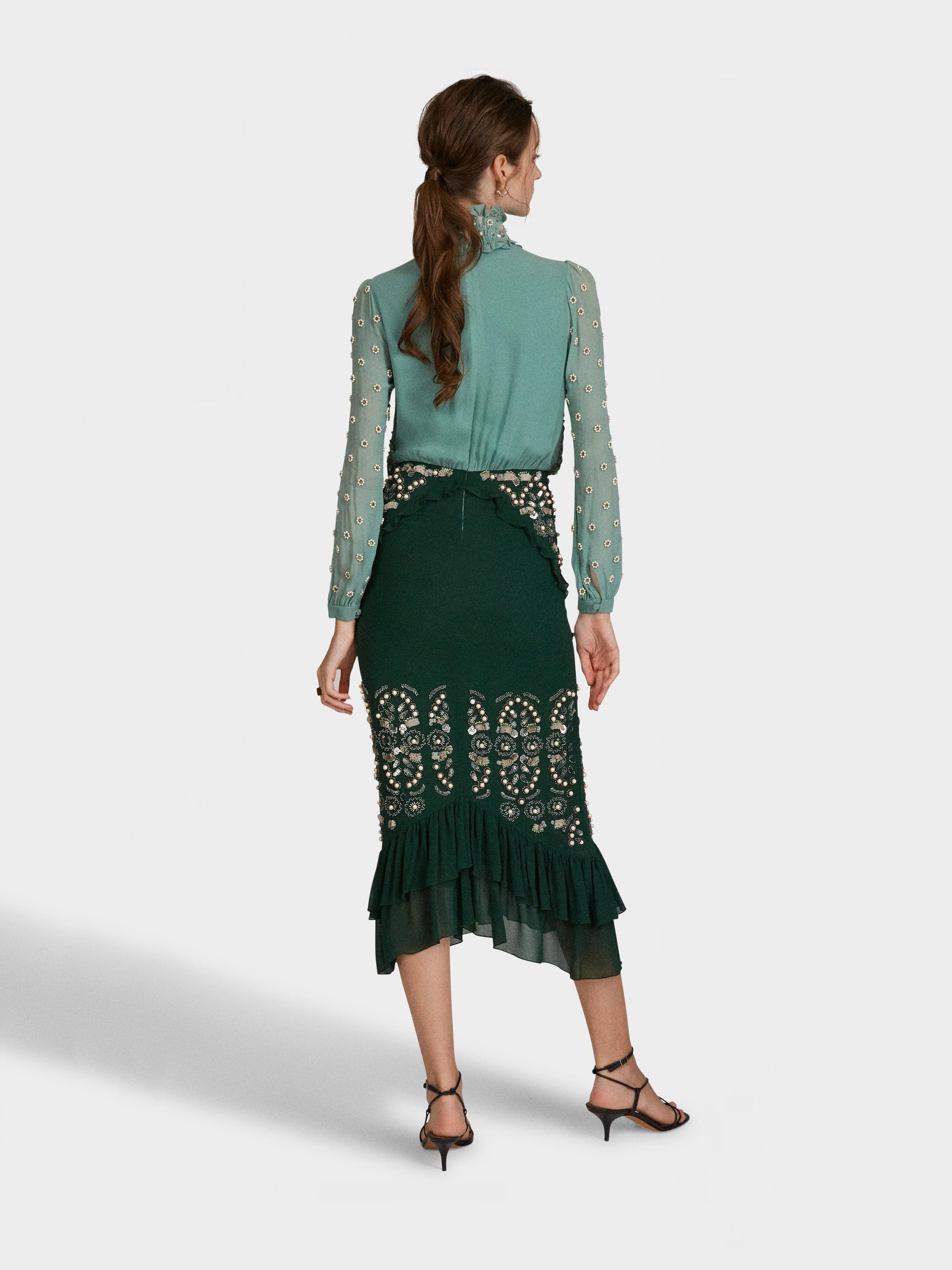 Isa Silk B Dress in Jade Green Embroidered - Image 4