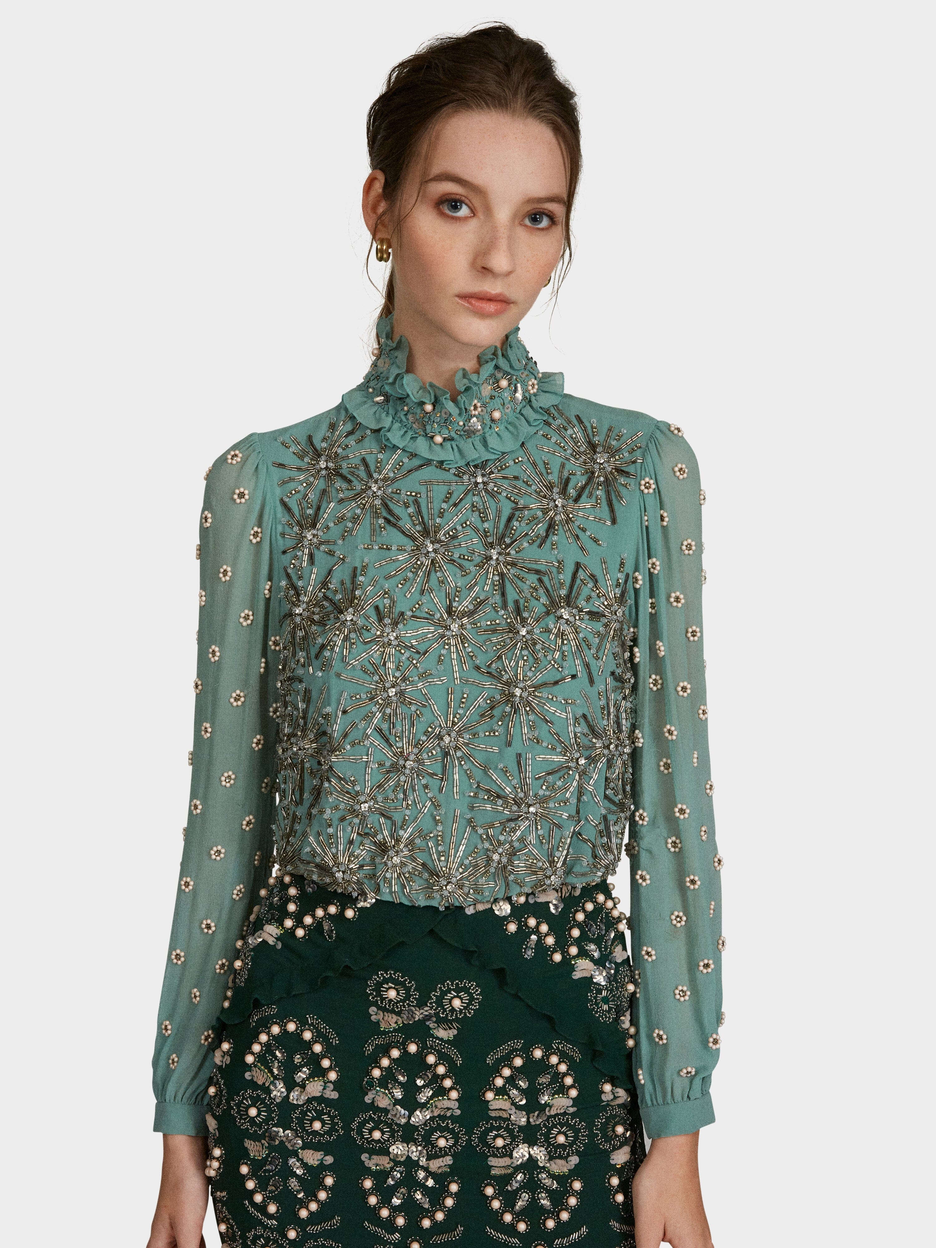 Isa Silk B Dress in Jade Green Embroidered - Image 5