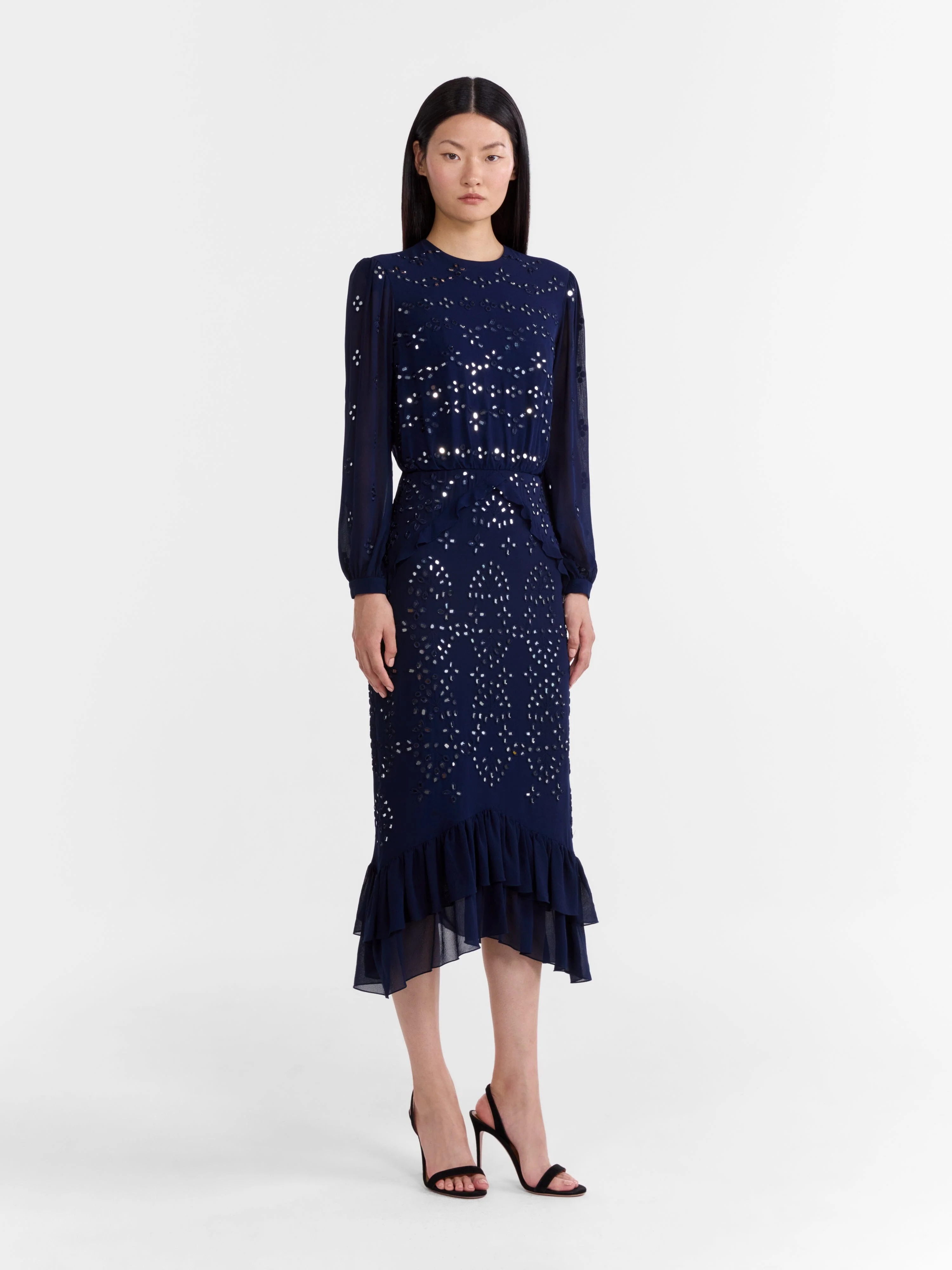 Venyx Isa Silk B Dress in Navy Ornate Mirror Embroidered - Image 3