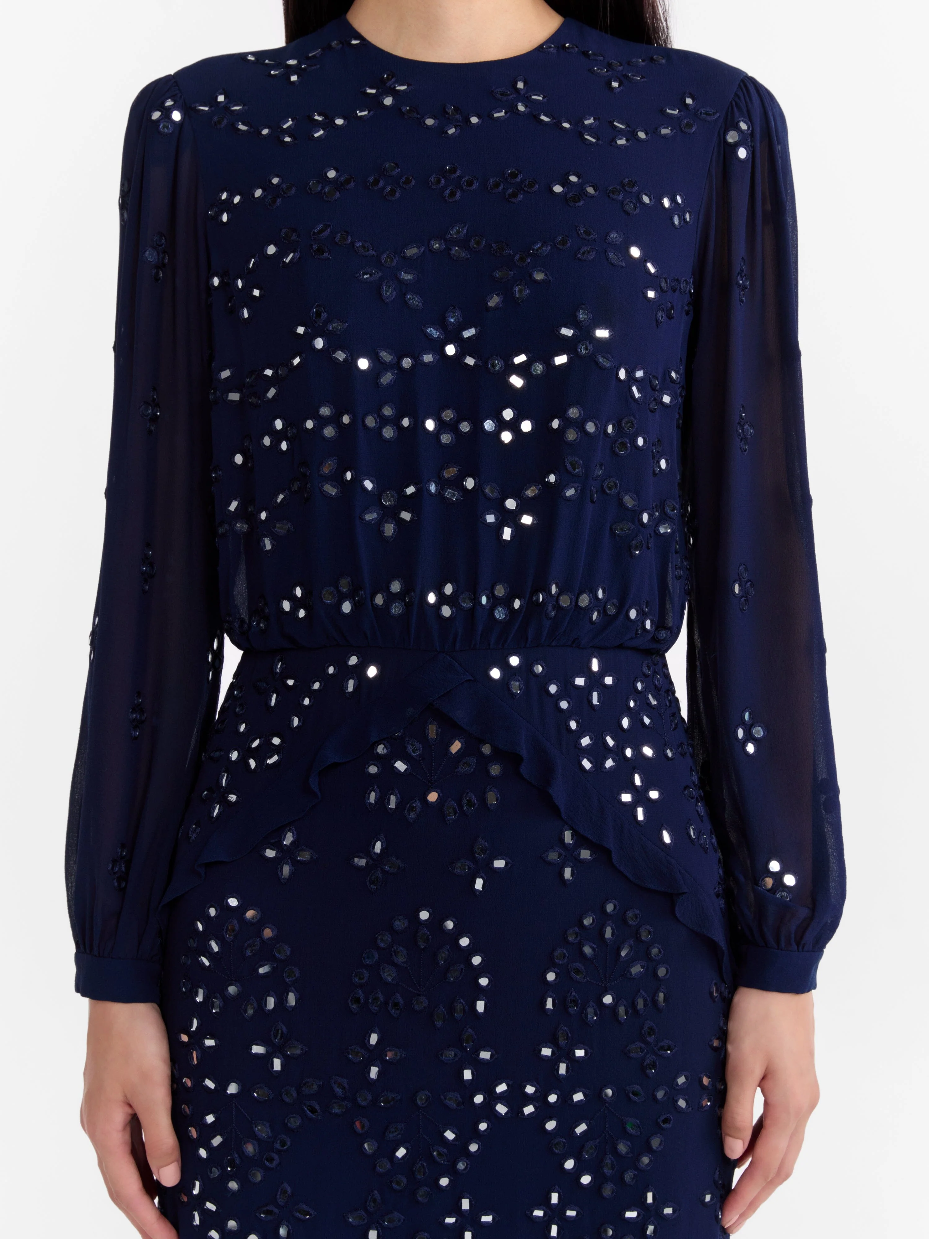 Venyx Isa Silk B Dress in Navy Ornate Mirror Embroidered - Image 5