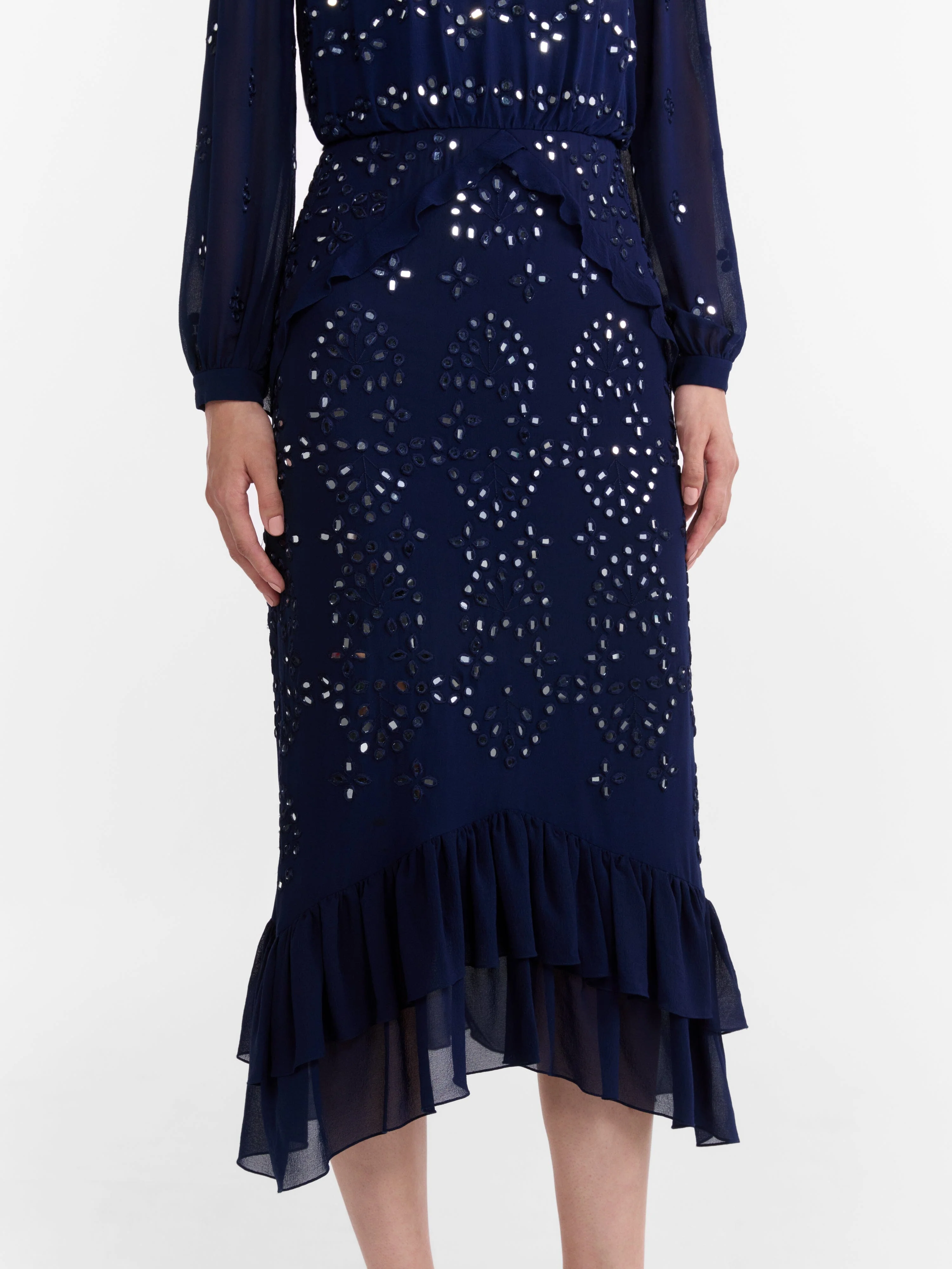 Venyx Isa Silk B Dress in Navy Ornate Mirror Embroidered - Image 6
