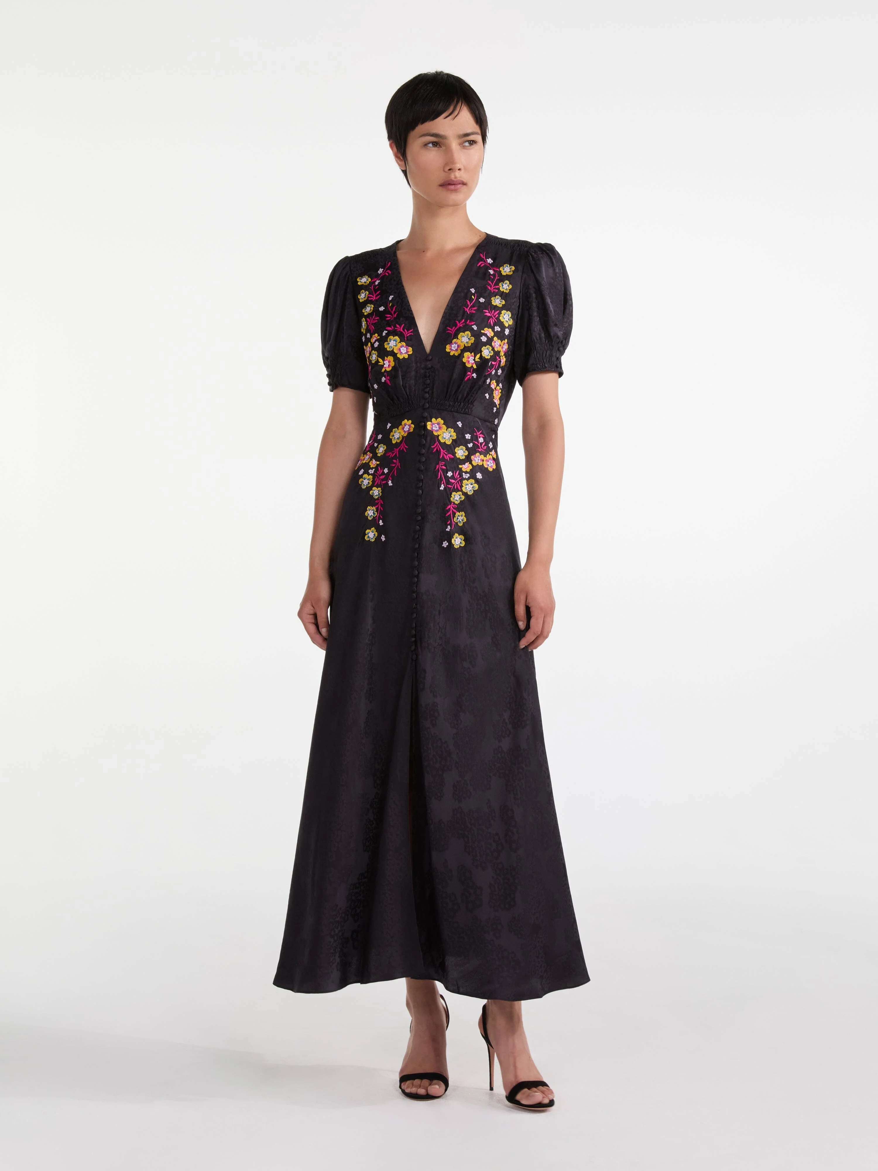 Lea Long Dress in Black Bright Flowers Embroidery - Image 3
