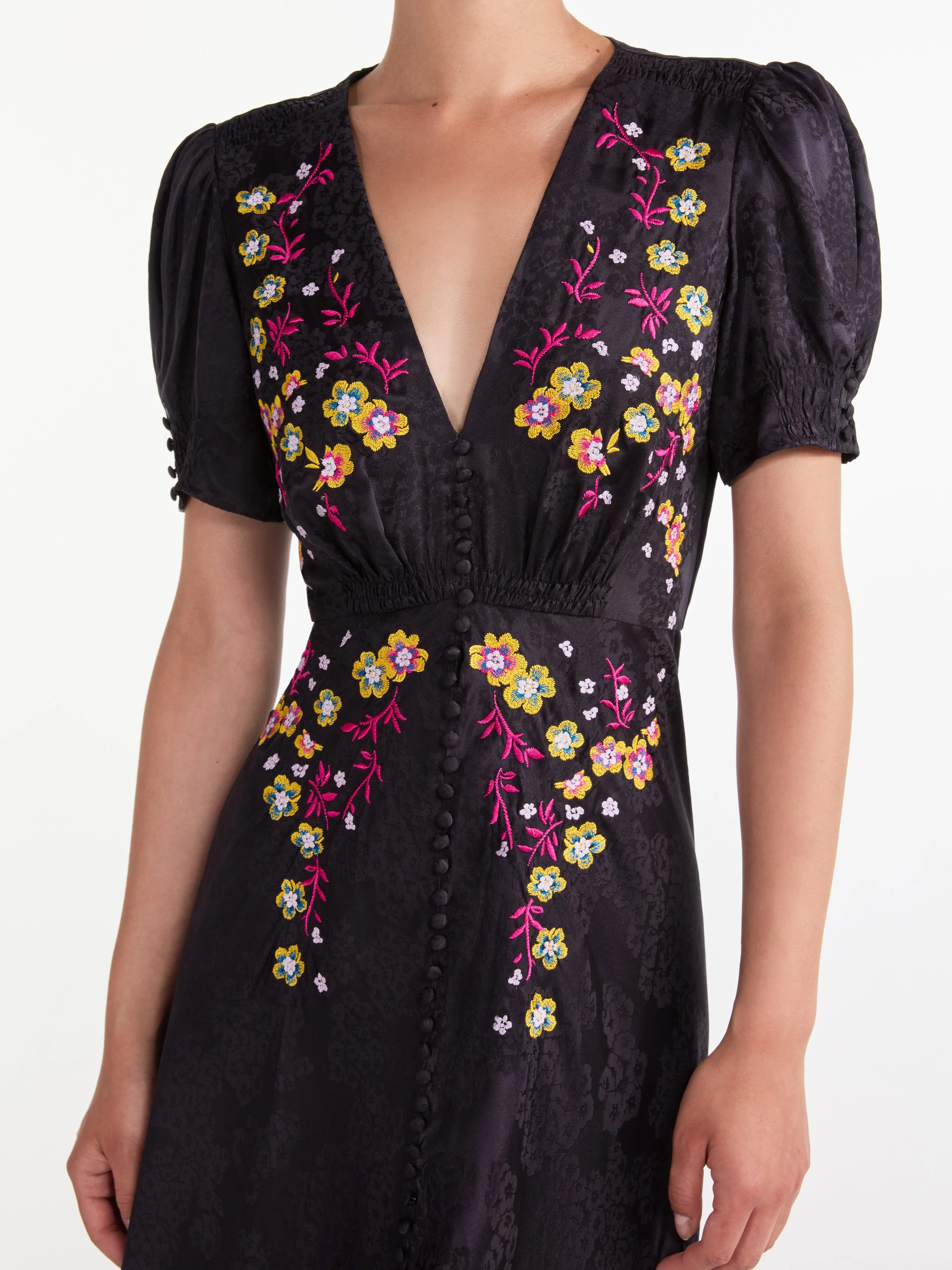 Lea Long Dress in Black Bright Flowers Embroidery - Image 5