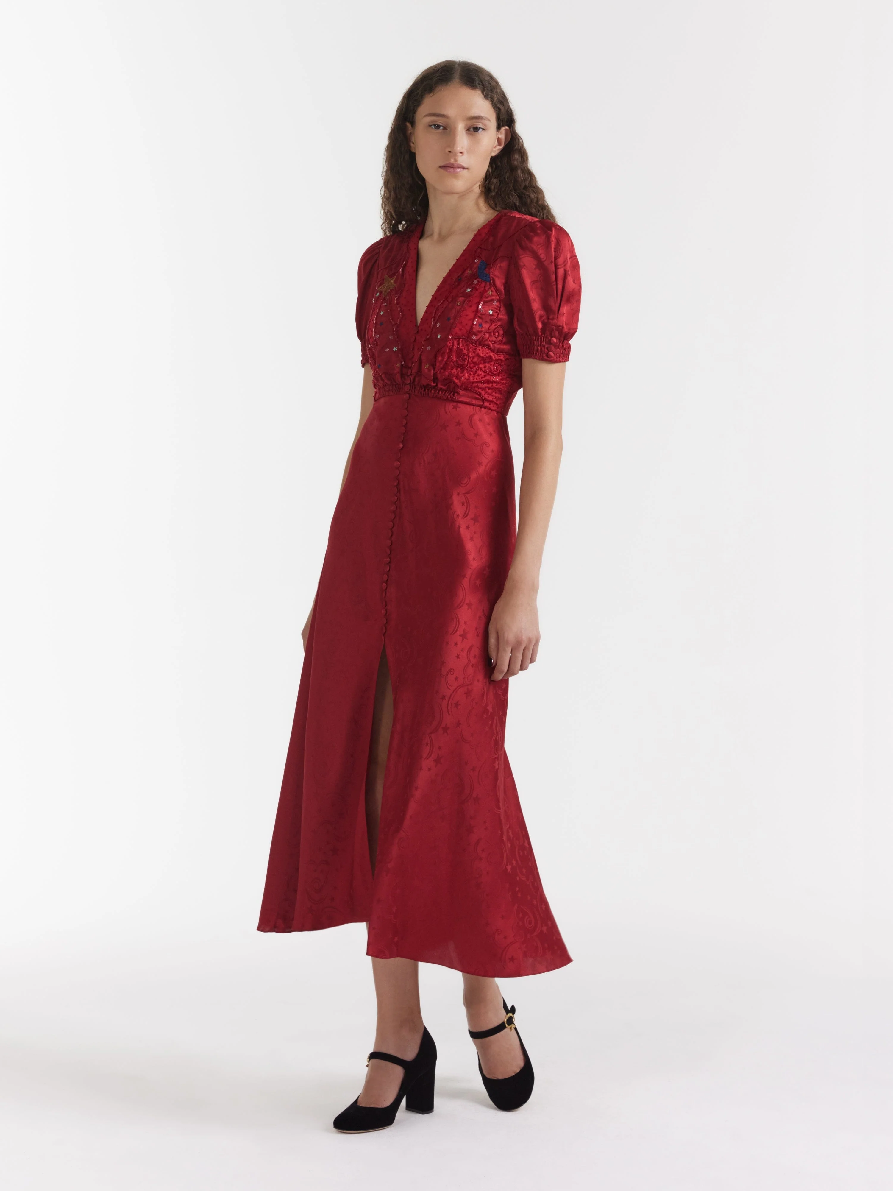 Venyx Lea Long Dress in Deep Red Moonbeam Embroidery - Image 3